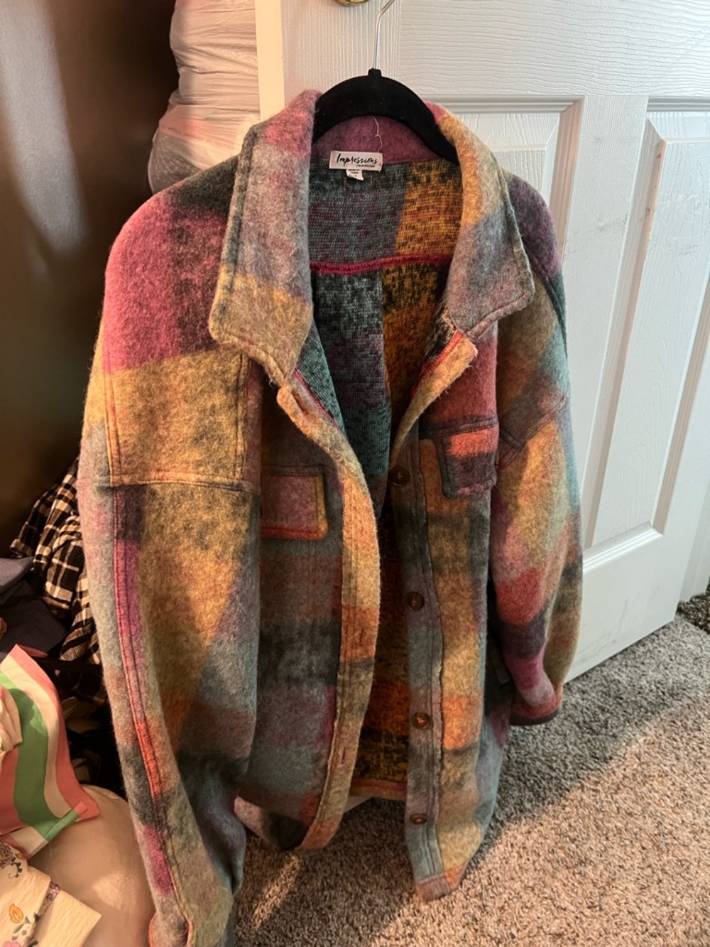 Impressions Multicolor Plaid Wool Shacket in Teal, Pink & Mustard